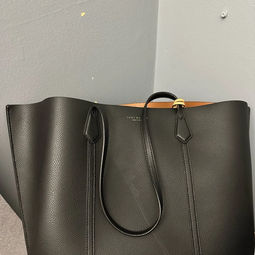 Tory Burch Black Pebbled Leather Tote with Gold Logo Accent